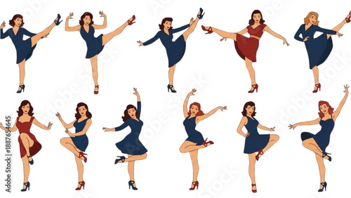 Collage of women dancing in various dynamic poses and outfits viewed from different angles
