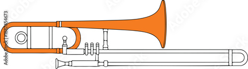 Trumpet trombone hybrid valve instrument vector drawing with orange tubing and black outline
