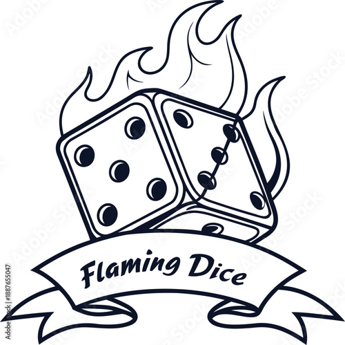Flaming dice illustration with vintage ribbon banner design