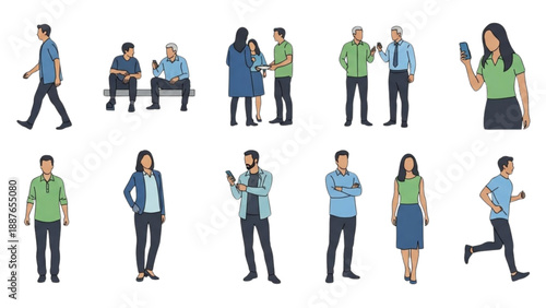 Diverse group of people interacting and using mobile devices in various poses and settings