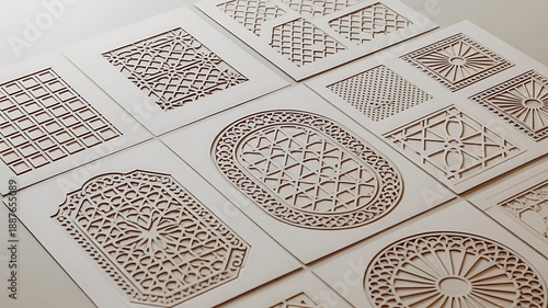 Templates for laser cutting, plotter cutting, printing. Square line patterns set. Geometric design cut out of paper. Mandala Islamic die cut ornament. 