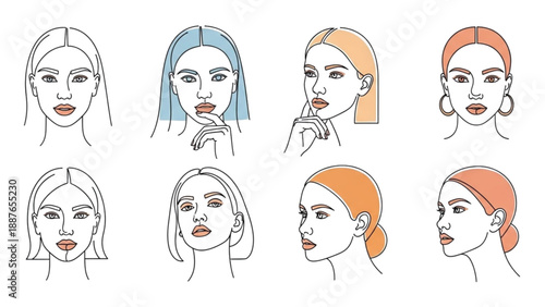 Collection of diverse female faces with different hairstyles and colors illustration