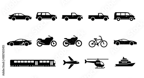 Collection of diverse transportation vehicle icons silhouette.
