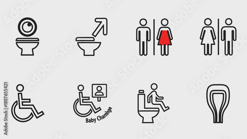 Collection of modern toilet and restroom icons for accessibility and gender neutral facilities.