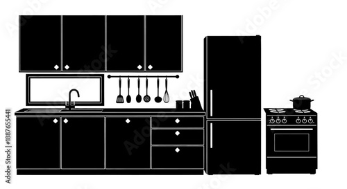 Modern Kitchen Interior Silhouette with Appliances and Cabinets.