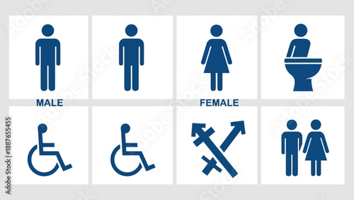 Collection of restroom signs for men women disabled and gender neutral facilities.