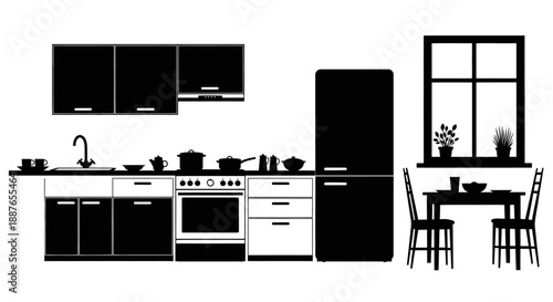 Modern kitchen interior design with cabinets stove refrigerator and dining table.