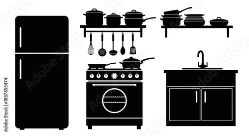Kitchen appliances and furniture silhouette illustration.