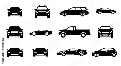 Collection of Car Silhouettes Various Types and Angles.