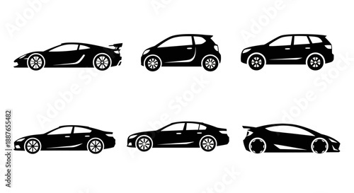Collection of Black Car Silhouettes Side View.
