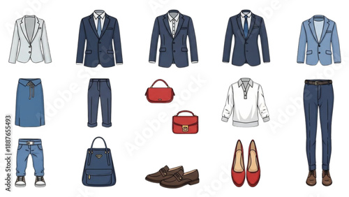 Collection of various formal and casual clothing items for men and women displayed together
