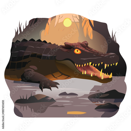 A scary cartoon tyrannosaurus rex dinosaur vector illustration of an isolated monster head with sharp teeth and a wild reptile mouth, featuring black and white horror elements for a halloween nature t