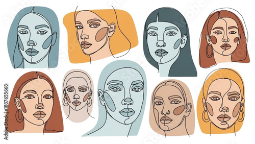 Collection of diverse female faces illustrated in various styles and colors