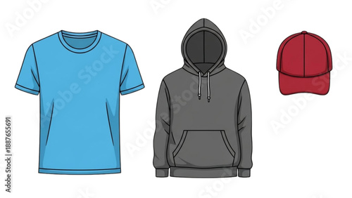 Collection of casual clothing items including t-shirt, hoodie, and cap displayed together