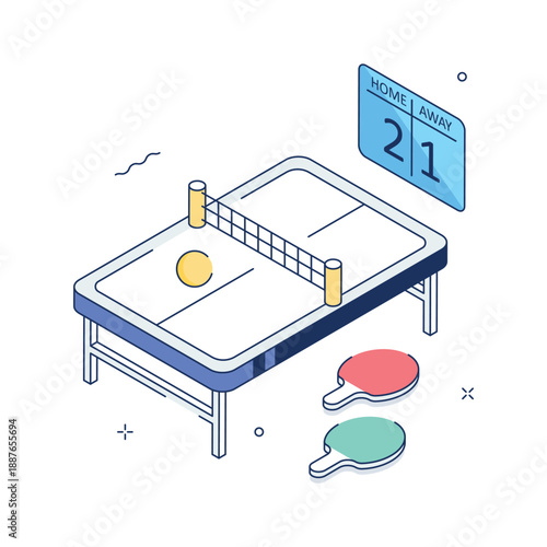 Isometric illustration depicting table tennis competitive sports activity