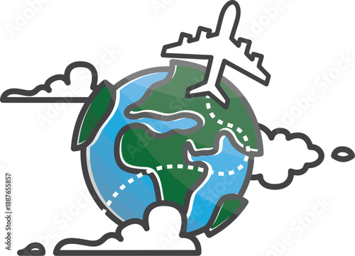 Airplane flying around a stylized globe with clouds, symbolizing global travel and tourism.