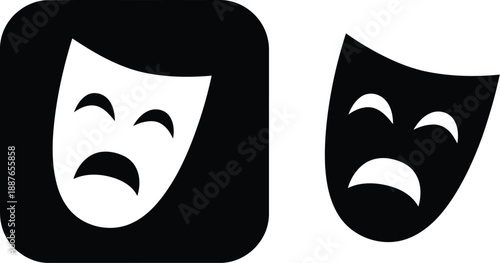 Black icons of a sad theater mask and a simplified sad face in a square, representing negative emotions.