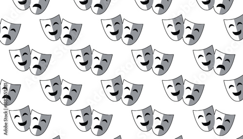 Pattern of grayscale comedy and tragedy theater masks, a repeating artistic background.