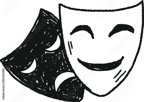 Hand-drawn doodle of comedy and tragedy theater masks, one smiling and one frowning, in black and white.