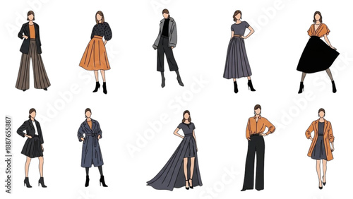 Fashion illustrations of women and men in various outfits and poses on a clean white background from a front viewpoint