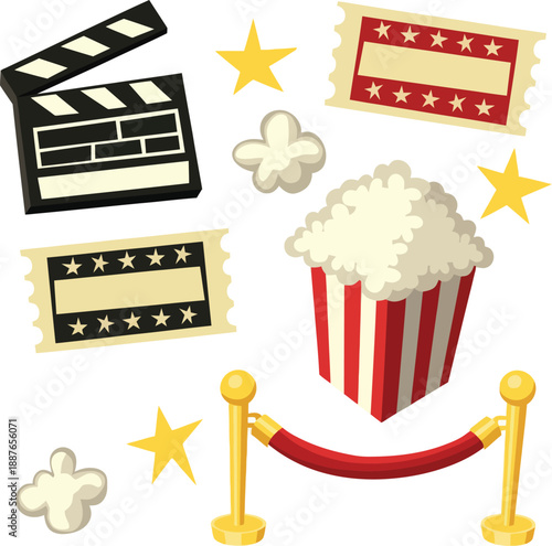 Cinema movie night theme with popcorn, tickets, clapperboard, red carpet and stars