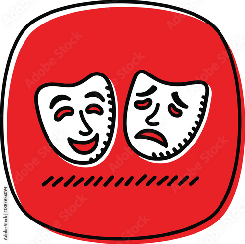 Comedy and tragedy theatre masks icon with happy and sad faces, isolated on a white background, symbolizing drama and performance art.