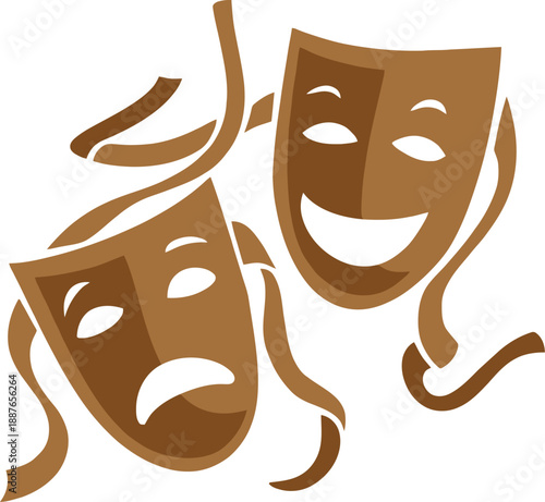 Two stylized theater masks in shades of brown, one smiling (comedy) and one frowning (tragedy), with flowing ribbons.
