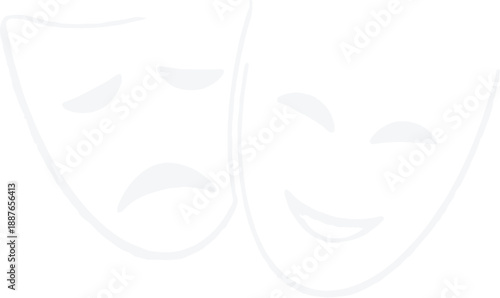 Minimalist white theater masks, one smiling, one frowning, with subtle shadows on a white background.