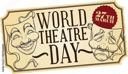 Vintage ticket design for World Theatre Day, featuring hand-drawn comedy and tragedy masks and March 27th date.