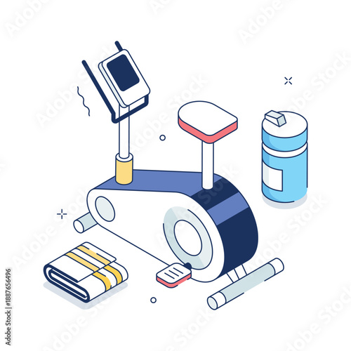 Well designed isometric illustration showing gym cycling cardio workout
