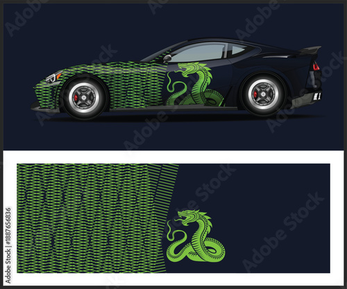 Sport car with a vibrant dragon themed vehicle wrap