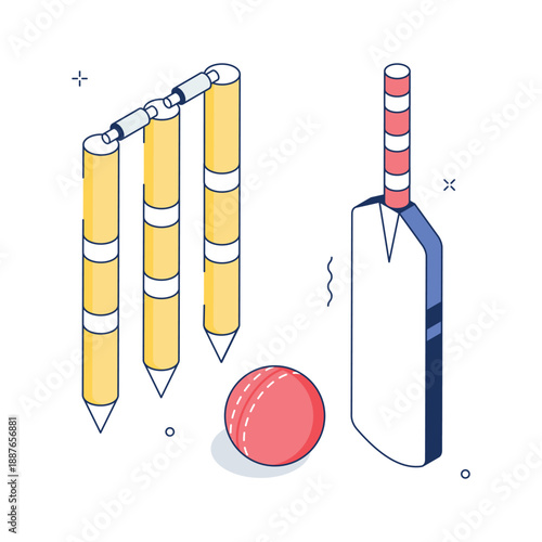 Cricket bat, wickets and ball, trendy isometric illustration, sports and competition