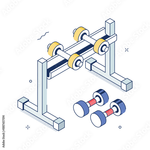 Premium isometric illustration featuring dumbbell rack gym equipment