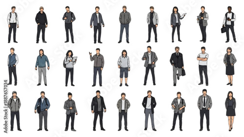 Diverse group of people standing together in a grid pattern, showcasing various attire and poses from a front viewpoint.