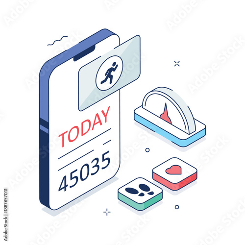 Isometric illustration showing daily steps counter for fitness