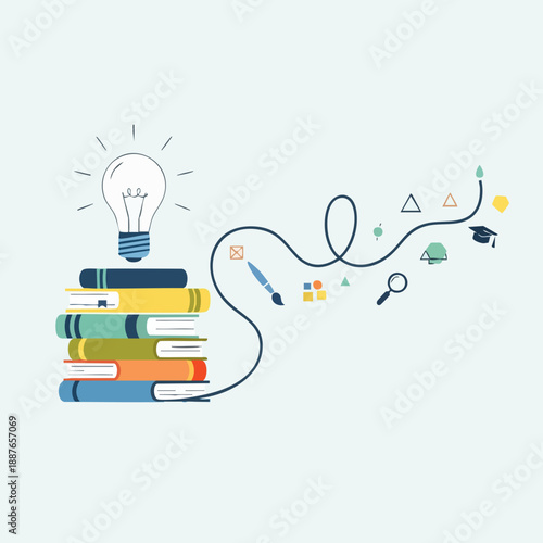 Creative Line Art Book Stack with Bulb Symbolizing Education and Knowledge