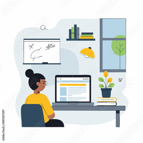 Modern Flat Illustration Young Woman Working from Home with Laptop