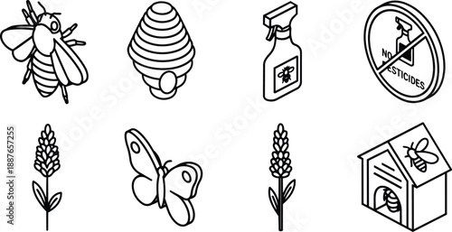 Isometric line art icon set showing bee and hive with spray bottle and no pesticides sign plus lavender and butterfly beside bee house for garden conservation