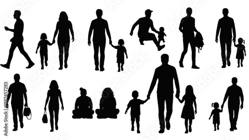 Family members walking and interacting together in various poses and silhouettes