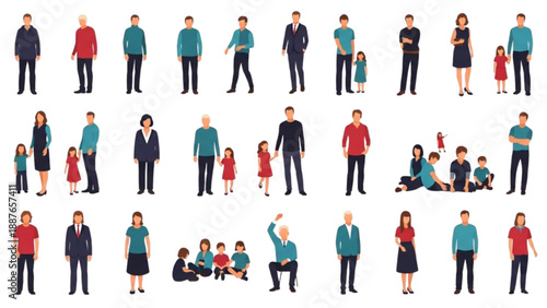 Diverse group of people interacting and standing together in various poses and ages on a plain background from a straightforward viewpoint