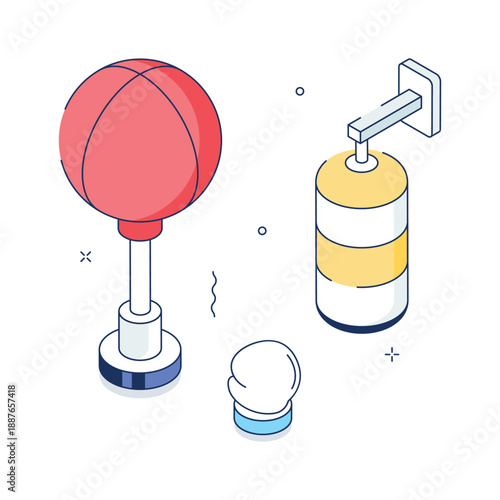 Isometric illustration featuring boxing equipment and combat training