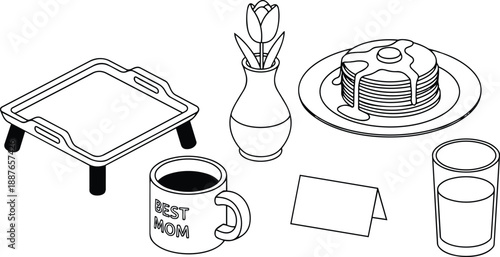 Line art vector mothers day breakfast tray with best mom mug stack of pancakes tulip vase folded card glass of milk close up soft morning light