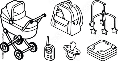 Line art vector set showing baby pram and diaper bag with bottle pacifier monitor mobile and folded blanket in simple outline style flat side view