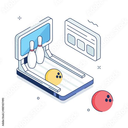 Modern isometric illustration showcasing bowling sport and indoor recreation