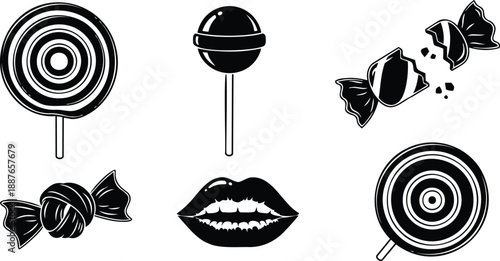Flat design vector candy icon set with concentric lollipops wrapped sweets broken candy and lips kiss mark in bold monochrome isolated on white background sticker style