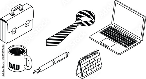Isometric line art office accessories arranged top view laptop tie briefcase dad mug fountain pen desk calendar spiral binding flat vector set monochrome clean minimal icons