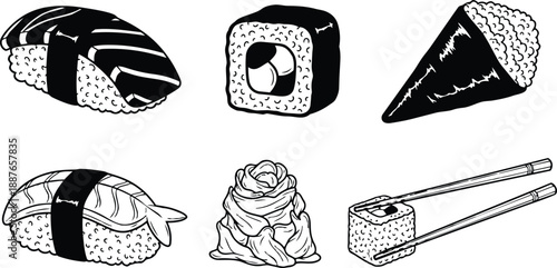 Line art hand drawn sushi set with nigiri maki temaki pickled ginger and wasabi alongside chopsticks close up top view black ink vector food icons minimalist