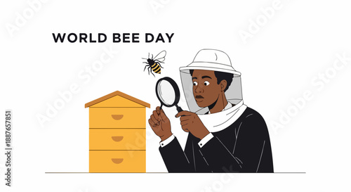Beekeeper observing honey bee with magnifying glass, celebrating World Bee Day. Man in protective suit near beehive, emphasizing pollinator importance.
