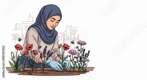 Woman in hijab tends urban garden, planting poppies and lavender. Gardener wears gloves, caring for plants, city background shows urban garden efforts. Illustration for sustainable living,