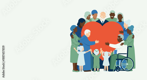 Diverse community with people, children, adults, seniors, person in wheelchair, embracing red heart. Diverse community symbolizes unity, social care, mutual support.